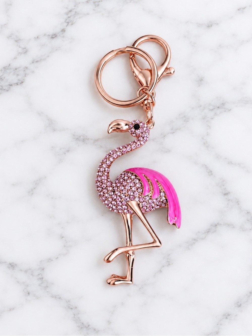 Rose Gold Flamingo Bag Charm/Keyring with Pink Crystals Accents